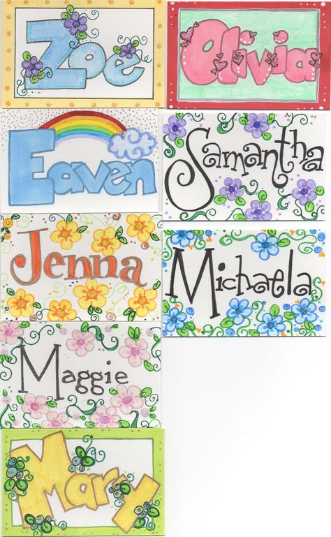 Name tags I drew for kids I work with. 4 Names Drawing Creative, Cute Nametag Ideas For School, Draw Names Letters Design, Name Designs Letters Art Projects, Name Decorations Letters Drawing, Name Tag Decoration Ideas, Name Art Aesthetic, Name Tag Drawing Ideas, Table Name Tags Classroom