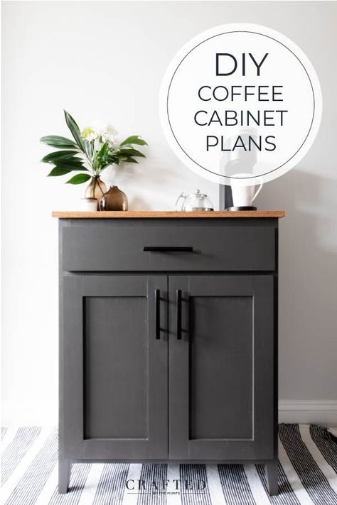 Diy Bar Cabinet How To Build, Coffee Bar Building Plans, Coffee Bar Cabinet Ideas Diy, Small Coffee Bar Cabinet, Small Coffee Cabinet, Diy Coffee Bar Plans, Diy Coffee Cabinet, Build A Coffee Bar, Coffee Bar Cabinet Ideas