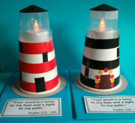 Lighthouse - Messy Church, Light theme  - paper cup, small clear plastic container, led tealight The Lighthouse Keepers Lunch Activities Eyfs, Breaker Rock Beach Craft Ideas, Vbs 2024 Breaker Rock Beach, Lighthouse Keepers Lunch, Vbs Ocean Theme, Breaker Rock Beach, Lighthouse Crafts, Adventure Island, Children's Church Crafts