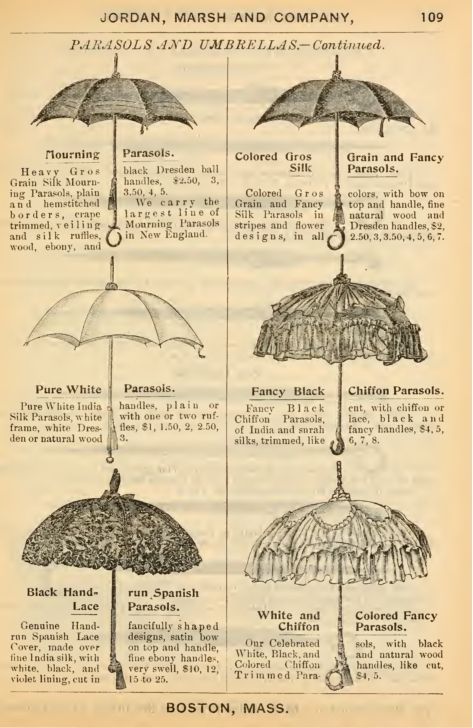 1879 silk, chiffon and lace parasols.  Really interesting to see some look very 1870's and yet the bottom two on the right are VERY 1880's.  Top right looks likes an 1880's handle with an 1870's canopy.  Really interesting variety-all being sold at the same time. Victorian Parasol, Era Victoria, Istoria Modei, Lace Umbrella, Victorian Era Fashion, Lace Parasol, Istoria Artei, Fashion Vocabulary, Romantic Lace