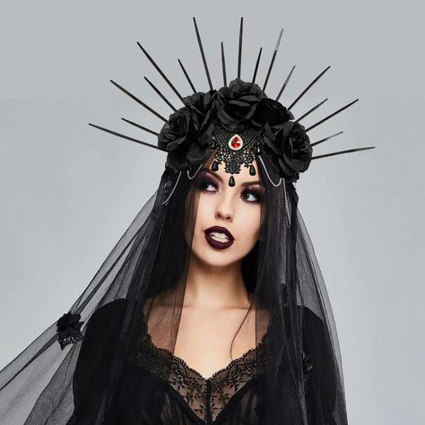 AniLV Halloween Carnival Night Gothic Ghost Bride Headband Veil Witch Dark Vampire Queen Flower Bridal Headband Veil, Vintage Veils Bridal, Costume Veil, Rose Veil, Gothic Hair Accessories, Gothic Queen, Gothic Hair, Headband Veil, Hair Accessories Crown