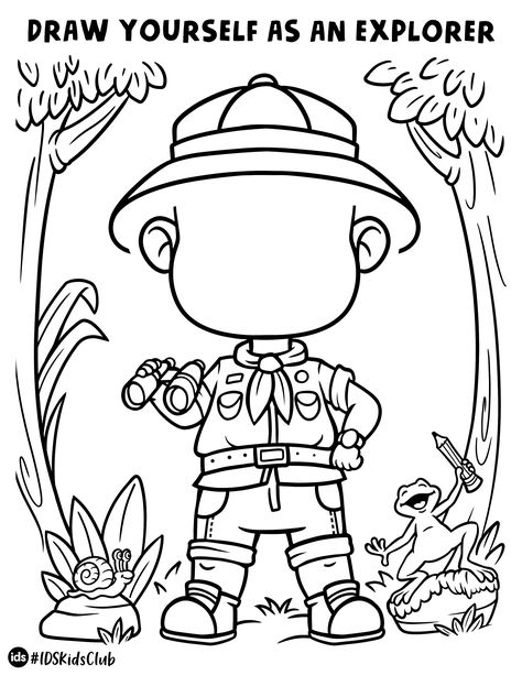 Draw yourself as an epic adventurer exploring the jungle! Great activity for kids. Find more activity sheets and coloring pages on our website. Preschool Habitat Crafts, Brazil Activities For Kids, Jungle Arts And Crafts, Wildlife Crafts, Jungle Theme Classroom Decorations, Safari Theme Classroom, Rainforest Crafts, Preschool Jungle, Jungle Activities