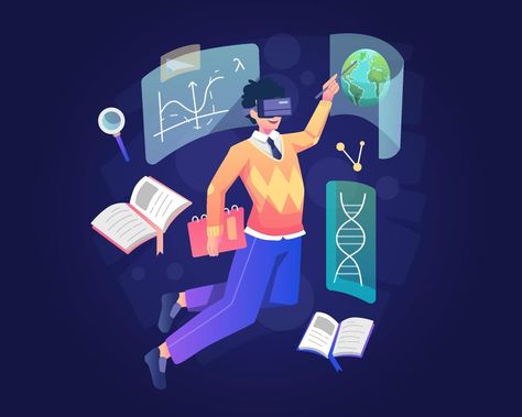 A male student is studying with wearing a VR Headset. Virtual Reality technology for Education and Online Learning concept. Flat style vector illustration Classroom Background, Virtual Reality Technology, Vr Headset, Envato Elements, Flat Style, Flat Illustration, Educational Technology, Augmented Reality, Line Art Drawings