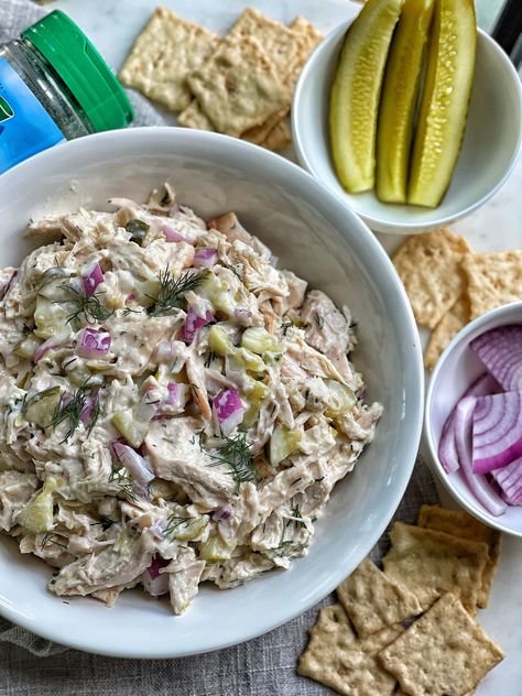 Light Dill Ranch Chicken Salad Light Dill Ranch Chicken Salad, Healthy Ranch Chicken Salad, Chicken And Dill Recipes, Sweetsavoryandsteph Recipes, Sweet Savory And Steph Recipes, Dill Chicken Salad, Dill Ranch, Sweet Savory And Steph, Dill Pickle Chicken