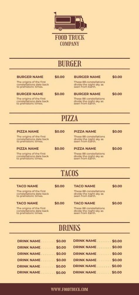 Food Truck Menu Design, Food Truck Menu Ideas, Food Truck Recipes, Vintage Food Truck, Burger Names, Pizza Names, Scene Reference, Foodtrucks Ideas, Starting A Food Truck