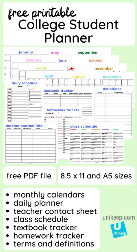 Free Printable College Student Planner 2020 with free printable calendars, homework tracker  more kidsplanner #monthlyplannerprintable #montlyplanner🎭 Manifesting Creativity, College Planner Printables, Homeschool Student Planner, Homework Schedule, Study Guide Template, Research Outline, Planner Making, Student Weekly Planner, Love Essay