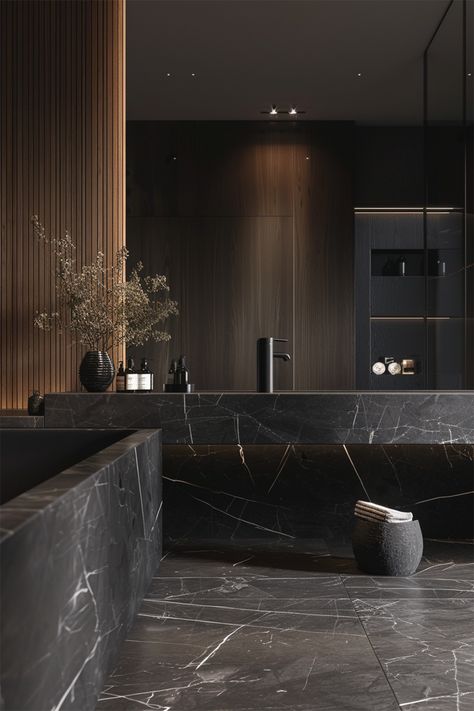 Textured Harmony • A bathroom that pairs sleek dark marble with warm wood accents • Built-in bathtub seamlessly blends with the marble surround • Vertical wood slats create a striking contrast against the smooth stone • Black vessel sink sits atop the marble countertop, mirroring the dark elegance • Delicate dried botanicals in a textured vase add an organic touch • Recessed shelving with soft backlighting for a subtle, inviting glow Bathroom With Black Marble Countertop, Dark Stone Bathroom, Nero Marquina Bathroom, Dark Marble Bathroom, Dark Luxury Bathroom, Calcutta Marble Bathroom, Brown Marble Bathroom, Black Vessel Sink, Dark Modern Bathroom