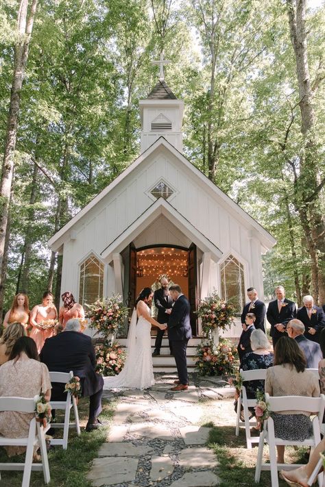 Summer Wedding | Conley Creek | Blairsville, GA White Wedding Chapel in Georgia Mountains Mountain Wedding Chapel, Wedding Chapel In The Woods, Small White Chapel Wedding, Mountain Wedding Georgia, Mountain Chapel Wedding, Beautiful Chapel Wedding, Little Church Wedding, Little Chapel Wedding, Symmes Chapel Wedding