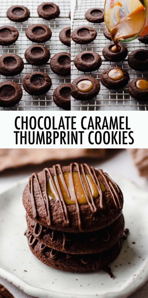 Rich, chocolate thumbprint cookies filled with gooey salted caramel and topped off with a simple chocolate drizzle. These chocolate caramel thumbprint cookies are the perfect chocolate caramel cookie recipe. | chocolate caramel thumbprints recipe | chocolate thumbprints with caramel and sea salt | chocolate caramel thumbprint cookies recipe | chocolate salted caramel thumbprint cookies | chocolate thumbprint cookies with caramel | girl scout cookies recipes | girl scout cookies adventurefuls Thumbprint Cookies Chocolate, Chocolate Thumbprints, Caramel Thumbprint Cookies, Caramel Cookies Recipes, Cookies With Caramel, Chocolate Caramel Cookies, Chocolate Thumbprint Cookies, Oatmeal Raisin Cookies Chewy, Salted Caramel Cookies