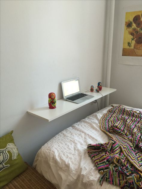 Space saver-- Use a wide shelf to create a desk at the end of your bed. Great for Netflix too! Desk Above Bed, Bed With Desk At End, Desk End Of Bed, Shelf At End Of Bed, Desk At End Of Bed Small Spaces, End Of Bed Desk, Desk Over Bed Small Bedrooms, End Of Bed Ideas Small Bedrooms, Alternative Desk Ideas