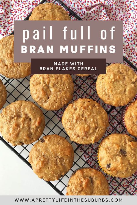 This recipe for a Pail Full of Bran Muffins is made with bran flakes cereal.  Keep the batter in the fridge for up to 2 weeks, and bake muffins as you want them. Branflakes Recipes, Refrigerator Bran Muffin Recipe, Bran Flake Muffins, Bran Cereal Muffins, Bran Flakes Cereal, Refrigerator Bran Muffins, Casserole Hamburger, Buttermilk Blueberry Muffins, Bran Flakes