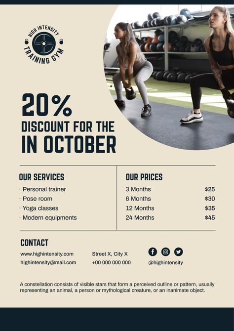 Simple High Intensity Training Gym Discount Poster Gym Membership Poster, Fitness Class Poster, Gym Design Poster, Gym Advertisement Poster, Gym Poster Design, Gym Story, Gym Rules, Gym Flyer, Room Moodboard