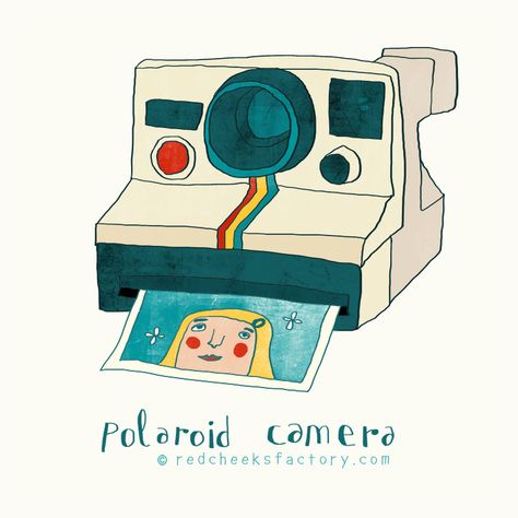 Polaroid Camera by Nelleke verhoeff Red Cheeks Factory Polaroid Camera Illustration, Camera Doodle, Camera Painting, Sketchbook Ideas Inspiration, Camera Illustration, Digital Illustration Tutorial, Red Cheeks, Camera Drawing, Pop Art Illustration