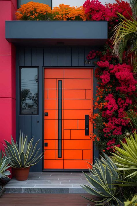 19 Front Door Ideas That Will Transform Your Home's First Impression | DIY Vibes Art On Doors Ideas, Outside Entrance Design, Amazing Front Doors, Orange Doors On Houses, Accent Door Colors, Colourful Front Doors, Cool Front Doors, Colorful Front Door Ideas, Exterior Front Door Ideas