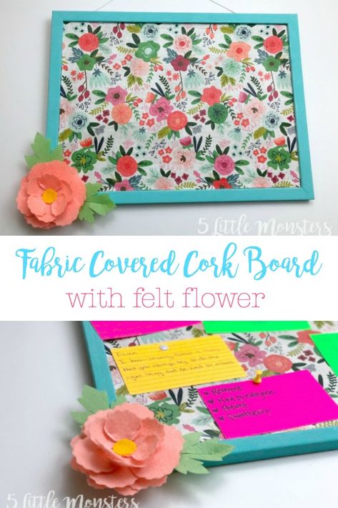 Fabric Covered Cork Board with Felt Flower. Transform a plain boring cork board into a super cute place to pin notes and pictures. All you need is a some paint, Mod Podge, fabric, and felt. Diy Cork Board Ideas, Cork Board Ideas For Bedroom, Covered Cork Board, Fabric Covered Cork Board, Fabric Corkboard, Mod Podge Fabric, Diy Cork Board, Diy Bulletin Board, Fabric Crafts Diy