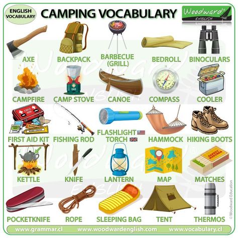 NEW CHART: Camping vocabulary in English See our complete list of camping items with a description of what they are/do here: https://www.vocabulary.cl/english/camping-equipment.htm #camping #campinglife #LearnEnglish #ESOL #EnglishLesson #camp #EnglishTeacher #EnglishVocabulary Vacation Vocabulary English, English Camp Activities, Camping Equipment List, Adventure Equipment, Woodward English, Vocabulary In English, Dream University, Tatabahasa Inggeris, Travel Equipment