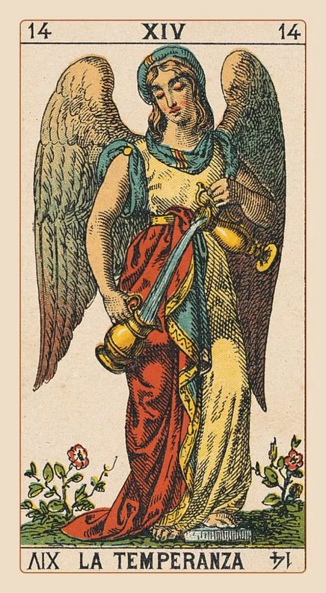 Temperance, Ancient Italian Tarot Mistic Art, Tarot Reference, Tarot Images, Temperance Tarot Card, Temperance Tarot, Beauty Transformation, Vintage Tarot Cards, Tarot Tattoo, Vintage Tarot