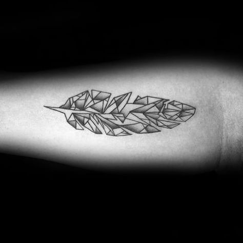 Feather Tattoo Men, Geometric Feather Tattoo, Plume Tattoo, Top Of Shoulder Tattoo, Geometric Feather, Balance Tattoo, Feather Tattoo Design, Inner Forearm, Feather Tattoo