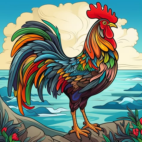 5D Diamond Painting Colorful Rooster by the Sea Kit Offered by Bonanza Marketplace. www.BonanzaMarketplace.com #diamondpainting #5ddiamondpainting #paintwithdiamonds #disneydiamondpainting #dazzlingdiamondpainting #paintingwithdiamonds #roosterdiamondpainting #roosterdiamondart Rooster Mandala Art, Colorful Rooster Painting, Rooster Art Painting, Rooster Artwork, Rooster Images, Chicken Paintings, Eagle Artwork, Colorful Rooster, Chicken Quilt