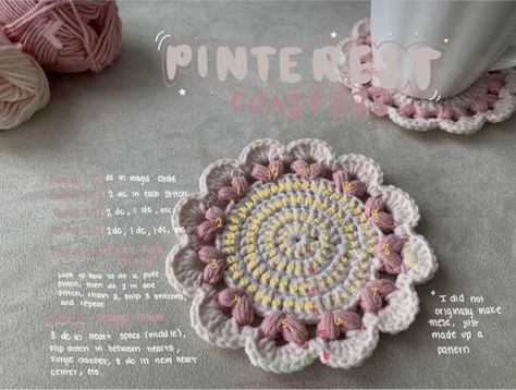 The original image is from etsy and pinterest, the writing of the pattern based on the image is mine,
Pink, hearts, crochet, coaster, easy projects Aesthetic Crochet Coaster, Crochet Coasters Cute, Birthday Crochet Ideas, Crochet Flower Coasters Free Pattern, Aesthetic Coasters, Crochet Heart Coaster, Coaster Crochet Pattern, Heart Coaster, Crochet Coasters Free Pattern