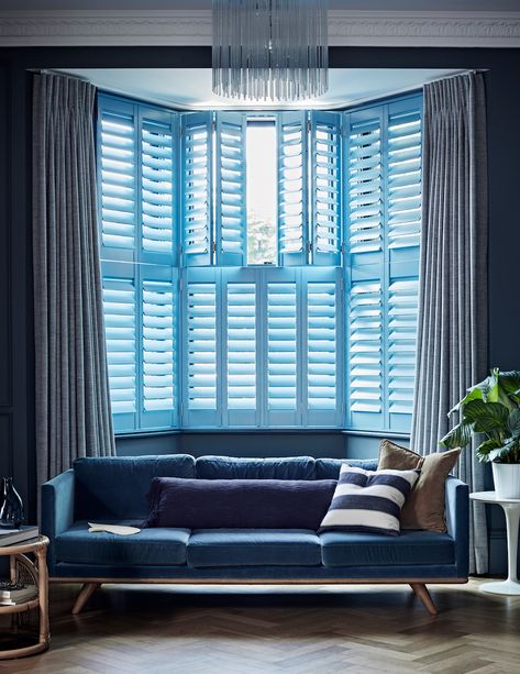 California Shutters Living Room, Shutters And Curtains Together, Curtains Over Shutters, Curtains With Shutters, Shutters With Curtains, Bay Window Shutters, Living Room Shutters, Cafe Style Shutters, Shutters Living Room