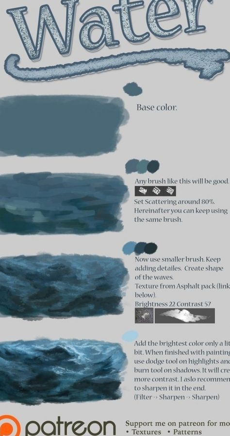 Water tutorial by Fievy on DeviantArt #art Water Tutorial, Concept Art Tutorial, 얼굴 그리기, Lukisan Cat Air, Digital Painting Tutorials, Ocean Painting, 판타지 아트, Painting Art Projects, Art Tutorials Drawing