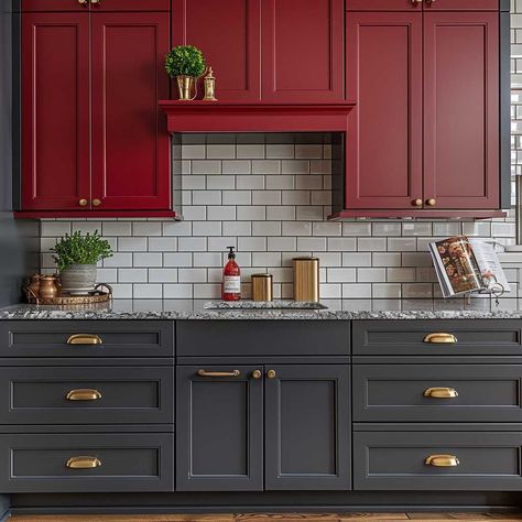 11+ Vibrant Painting Kitchen Cabinets Ideas in Red and Charcoal Gray • 333k+ Inspiring Lifestyle Ideas Brick Red Kitchen Cabinets, Dark Red Kitchen Cabinets, Red Cabinets Kitchen, Charcoal Kitchen Cabinets, Charcoal Gray Kitchen Cabinets, Painting Kitchen Cabinets Ideas, Red Kitchen Walls, Red Kitchen Cabinets, Red Kitchen Island