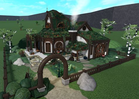 Bloxburg City Apartment Layout, Bloxburg Village, Cozy Mansion, Simple House Exterior, Cottage Core Bloxburg House, Bloxburg Cottage, Cottage Mansion, Blox Burg, Green Village