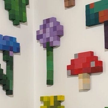 Minecraft Block Painting, Minecraft Wall Art Diy, Minecraft Bathroom Decor, Minecraft Pixel Art Painting, Minecraft Flower Wooden Cubes, Minecraft 3d Art, Minecraft Block Art Diy, Minecraft Wooden Cube Art, Minecraft Flower Decor