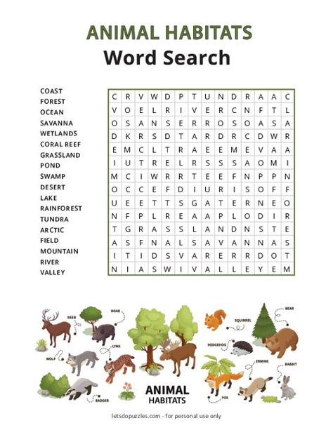 Animal Habitats Word Search | Free Printable Activity Habitat Printables Free, Habitat Worksheets Free Printable, Animal Habitat Activities 2nd Grade, Animal Habitat Activities, Habitats Activities, Where Animals Live, Word Search Free Printable, Arctic Habitat, Habitat Activities