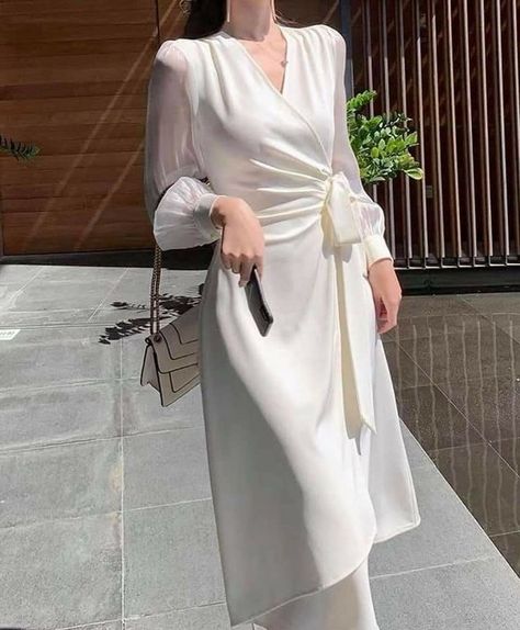 White Dress Korean, Satin White Dress, Graduation Clothes, Girls Dress Outfits, Muslim Women Fashion, Fashion Sketches Dresses, Women Dresses Classy, Modest Bridesmaid Dresses, Dress Korean