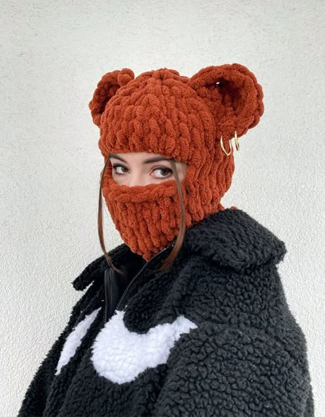 Crochet Bunny Ear Ski Mask, Ski Mask With Ears, Bear Ear Beanie Crochet, Winter Hats Crochet, Fun Knit Hat Patterns, Cool Beanies Crochet, Cute Ski Mask, Crochet Balaclava With Ears, Beanie Scarf Crochet