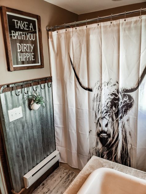 Our western bathroom!  #WesternBathroom #BathroomSign ##Cow #BohoBathroom #Highlander #DirtyHippie Highlander Cow Bathroom, Western Cow Bathroom, Modern Farmhouse Boho Living Room Wall Decor Paintings & Prints, Highlander Cow Living Room, Punchy Bathroom Decor, Cow Decor For Bathroom, Cow Inspired Living Room, Home Western Decor, Rustic Western Dining Room Decor