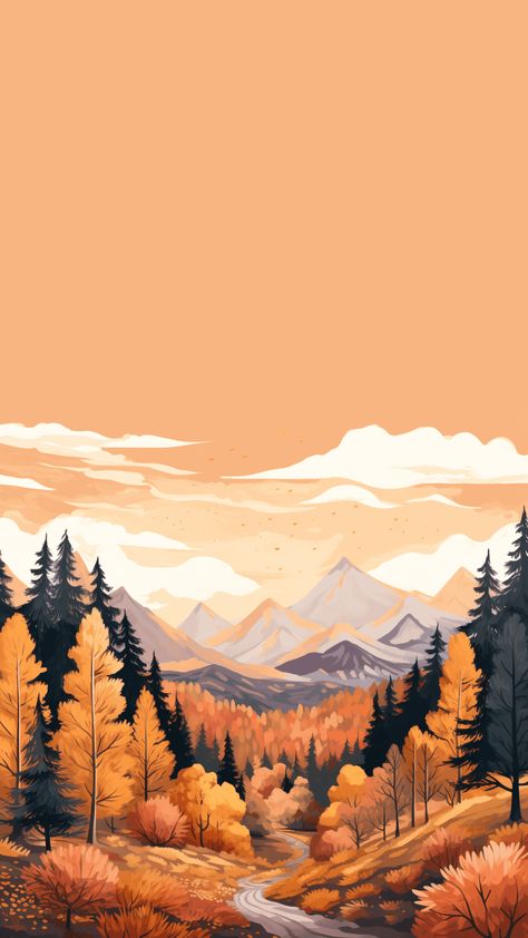 Escape to the beautiful trees changing color in the mountains with this fall wallpaper phone design. Cute Phone Wallpapers Fall, Orange Mountain Wallpaper, Fall Cute Wallpaper Iphone, Fall Art Background, Mountain Painting Wallpaper, Fall Wallpaper Illustration, Fall Drawing Wallpaper, Cute October Wallpaper Iphone, Fall Screen Wallpaper