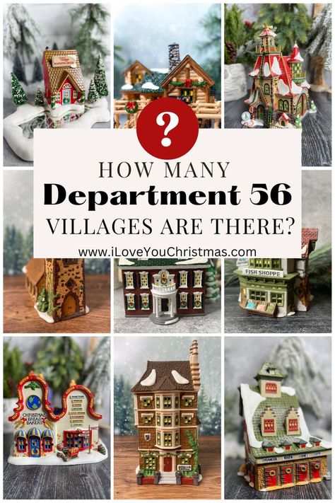 Collage of Department 56 Village buildings from various series. The Original Snow Village, Dickens, New England, North Pole, Alpine Village and Christmas in the City. Dickens Village Display, Lemax Christmas Village Display, Department 56 Displays, New England Christmas, Department 56 Christmas Village, England Village, Christmas Village Collections, Christmas Village Sets, Lemax Christmas Village