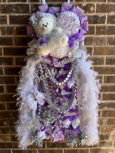 Kuromi Homecoming Mum, Lavender Homecoming Mum, Purple Hoco Mums, Purple Homecoming Mum, Purple And White Mums Homecoming, Purple Mums Homecoming, Heart Mum, Purple Hoco, Hot Pink Homecoming