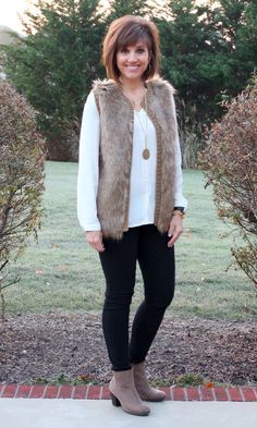 Fall Fashion For Women Over 40 - Walking in Grace and Beauty Fur Vest Outfit, Fur Vest Outfits, Simple Winter Outfits, Fashion Pic, Holiday Outfits Women, Vest Outfit, Thanksgiving Outfits, Fashion For Women Over 40, Fashion Days