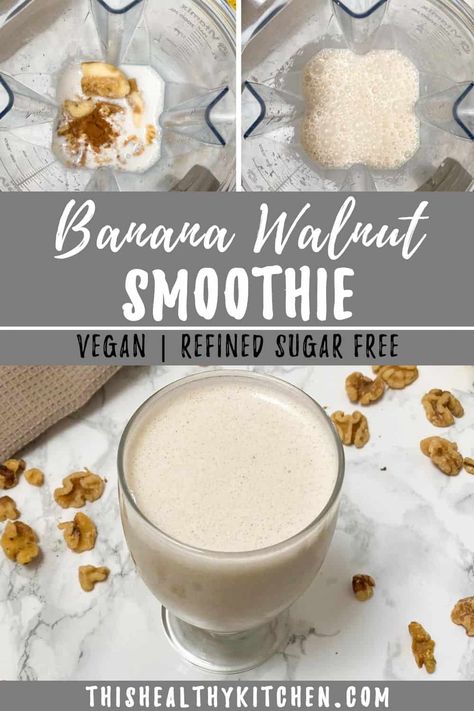 This easy, healthy smoothie recipe is perfect for breakfast, snack or even dessert. Banana walnut smoothie is made using just a few simple ingredients and is ready in no time, with the added bonus of being high protein, vegan and dairy free. Plant based smoothie recipes are the best way to incorporate healthy fats, healthy protein sources and a ton of raw nutrients. Clean Plant Based Recipes, Banana Nut Smoothie, Nut Smoothie, Walnut Smoothie, Dessert Banana, Plant Based Smoothies, Healthy Smoothie Recipe, Strawberry Banana Bread, Oil Free Vegan Recipes