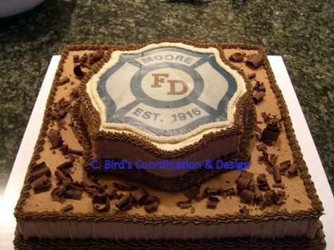 Firefighter grooms cake by C. Bird's Coordination & Design - a S. OKC | Moore home bakery specializing in custom cake design and event coordination. Contact us at 2cbird@cox.net. Fireman Grooms Cake, Firefighter Grooms Cake, Firefighter Wedding Cakes, Wedding Makeup Blonde, Groomsman Cake, Fire Wedding, Grooms Cakes, Home Bakery, Grooms Cake