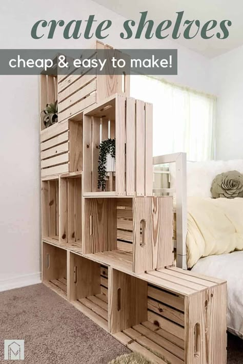 Are you living in a tiny apartment or house and need extra storage? Build your own DIY wood crate shelves for just $100! #DIY #wallstorage #woodcrate #crates #shelves Wooden Crate Bookshelf, Crate Wall, Wood Crate Shelves, Diy Wood Crate, Diy Wooden Crate, Koti Diy, Crate Bookshelf, Diy Crate, Crate Shelves