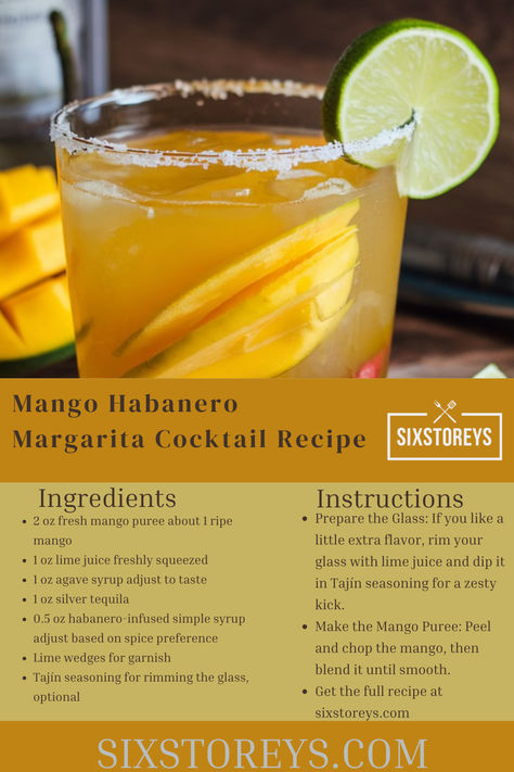 Mango Habanero Margarita Cocktail Recipe Habanero Margarita, Cocktail Margarita, Mango Cocktail, Spicy Margarita, Kitchen Interiors, Margarita Cocktail, Mango Puree, Drinks Alcohol, Agave Syrup