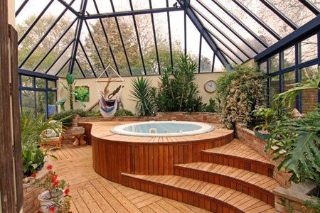 Love this.. though obviously if we had it it would not be in a massive greenhouse!! Whirlpool Deck, Garden Sunroom, Jacuzzi Room, Indoor Jacuzzi, Indoor Hot Tub, Hot Tub Room, Outdoor Hot Tub, Hot Tub Deck, Greenhouse Plans