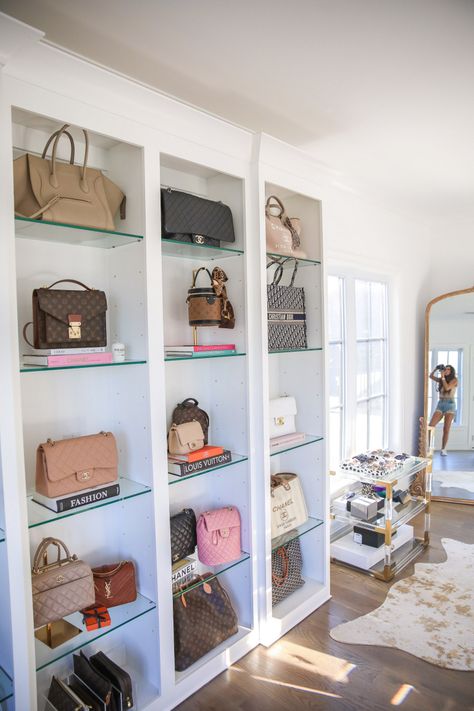 Luxury Purse Display Closet, Master Closet Purse Display, Designer Bag Display Closet, Bags Closet Organization, Designer Purse Display, Bedroom Bag Display, Purse Shelves Display On Wall, Purse Cabinet Display, Closet Organization Purses