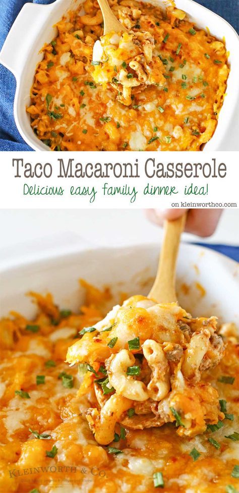 Taco Macaroni Casserole is comfort food at it’s finest. Ground beef, macaroni & taco flavors all come together in this delicious casserole everyone loves. on kleinworthco.com Recipes For Ground Beef, Taco Macaroni, Ground Beef Dinners, Pasta Casseroles, Macaroni Casserole, Meat Casserole, Beef Dinners, Taco Bake, Cheese Casserole