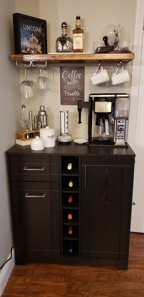 Small Corner Wine Bar Ideas, Coffee And Wine Corner Ideas, Coffee Wine Bar Floating Shelves, Modern Diy Coffee Bar, Small Space Wine Bar, Small Desk Coffee Bar, Coffee Bar With Wine Rack, Small Wine Coffee Bar Ideas, Coffee Wine Nook