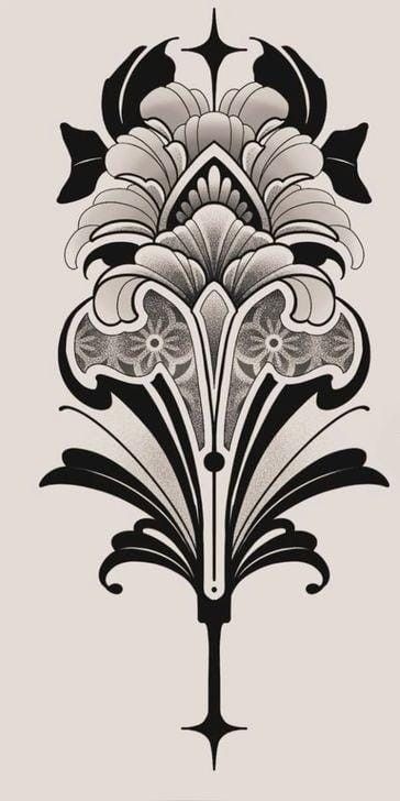 Damask Tattoo Design, Neo Traditional Leg Tattoos Women, Graphic Line Tattoo, Art Nouveau Hand Tattoo, Goth Art Nouveau, Floral Ornamental Tattoo Design, Art Deco Flower Tattoo, Art Noveau Tattoos Women, Neotraditional Tattoo Design Black