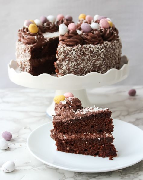 Easter Chocolate Cake, Chocolate Cake Decor, Easter Cake Designs, Chocolate Coconut Cake, Dessicated Coconut, Chocolate Easter Cake, Showstopper Dessert, Fluffy Chocolate Cake, Coconut Icing