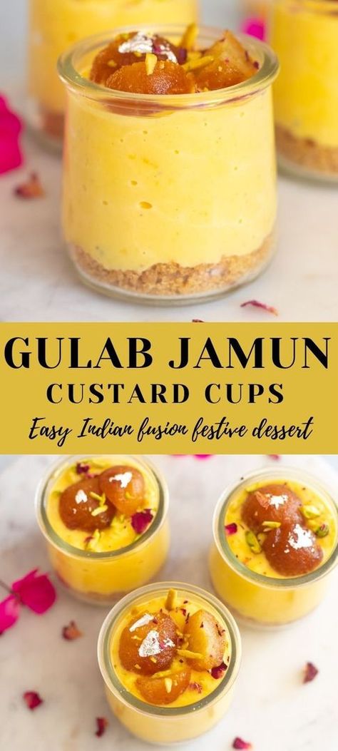 Gujarati Sweets Indian Desserts, Indian Dessert Cups, Layered Custard Dessert, Traditional Indian Desserts, Custard Gulab Jamun, Easy Indian Fusion Desserts, Indian Food Dessert Recipes, Gulab Jamun Desserts, Diwali Dinner Ideas