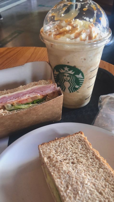 starbucks, sandwich, caramel, frappuccino, study break Coffee And Sandwich, Starbucks Sandwiches, Starbucks Lunch, Twisted Hate, Caramel Frappuccino, Banknotes Money, Study Break, Winter Ideas, Starbucks Recipes