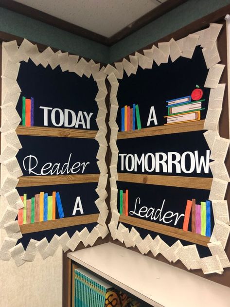 School Reading Room Ideas, Favorite Book Bulletin Board Ideas, Reading Nook School Library, Classroom Book Decor, Welcome Back To The Library Bulletin Board, School Hall Displays, Library Theme Classroom, Books We Read Bulletin Board, High School Library Ideas Display